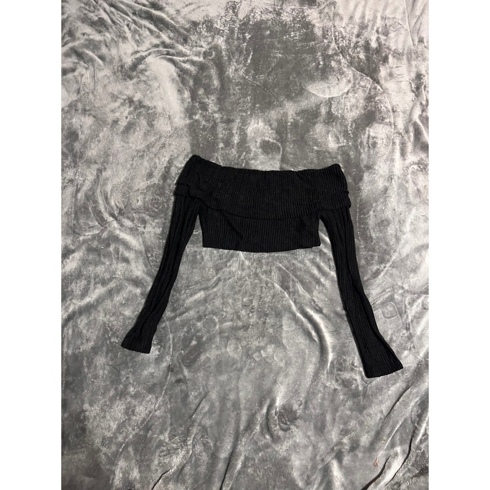 SHEIN Black Ribbed Off the Shoulder Long Sleeve Crop Top Size M